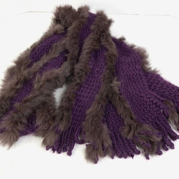 Echo New York Womens Rabbit Fur Scarf Purple Knit Brown Fringe Swirl Pattern - Picture 1 of 10